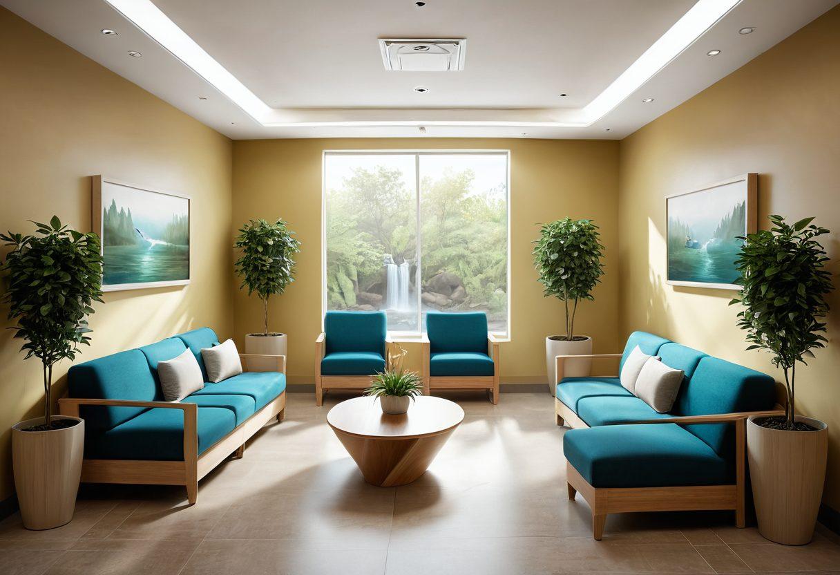 A serene oncology waiting room adorned with soft, natural lighting, comfortable seating, and indoor plants. Include soothing color palettes like soft greens and blues, and elements of nature such as a waterfall or calming art on the walls. A diverse group of patients interacting positively, conveying a sense of community and comfort. super-realistic. warm tones. 3D.