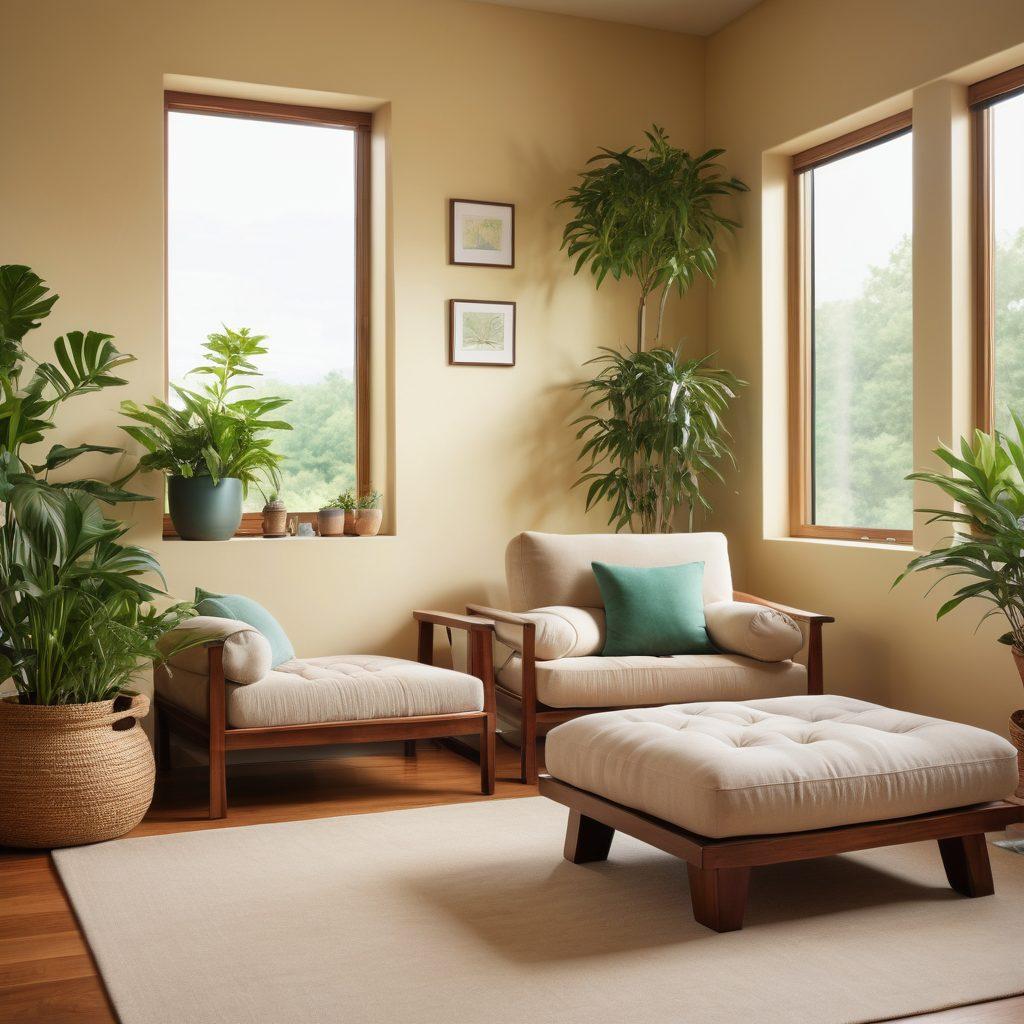 A serene healing room filled with natural light, featuring comfortable furniture, green plants, and calming colors. Include elements representing wellness practices, such as meditation cushions and art depicting nature. A soft, inviting atmosphere suggesting tranquility and recovery. super-realistic. warm colors. soothing ambiance.